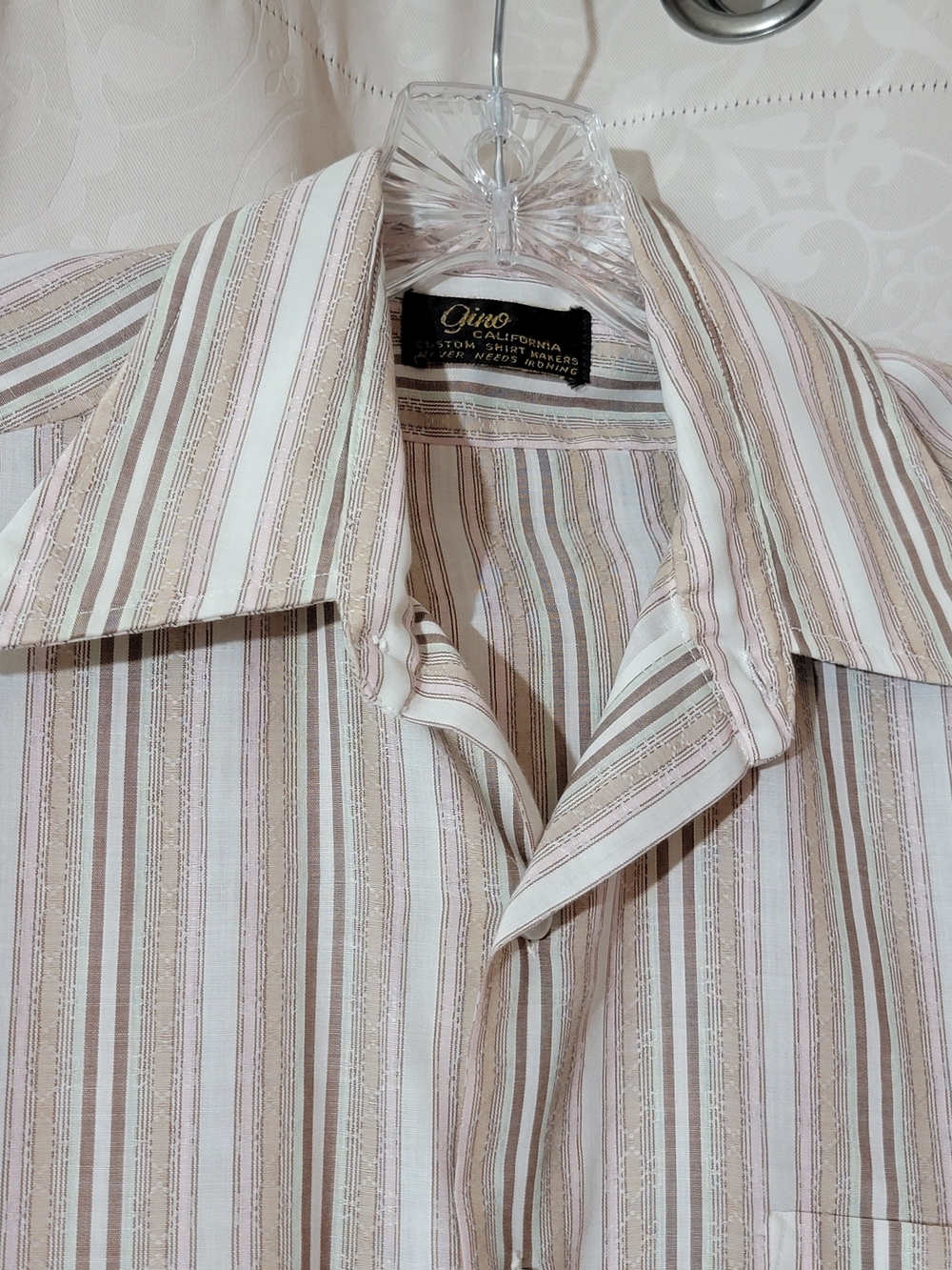Vintage 1970 Striped Short Sleeve Men’s Shirt - Beige & White